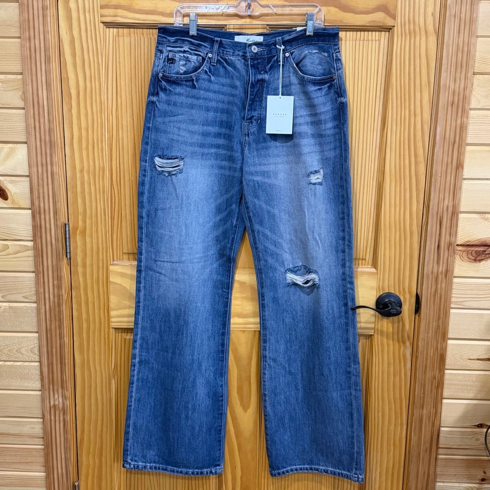 KanCan Jeans 13/30 NWT 90s Flare Wide Leg Distressed Button Fly Blue Denim